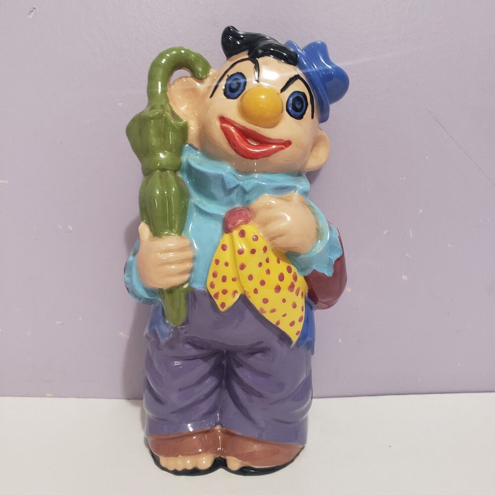 Bank Clown  w/ Umberlla Vintage Handpainted Home Decor 7"×3"